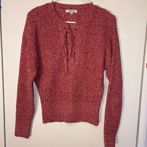 NWT Madewell Red Marled Ribbed Long Sleeve Lace-Up Sweater 100% Cotton Size M - Picture 3 of 8